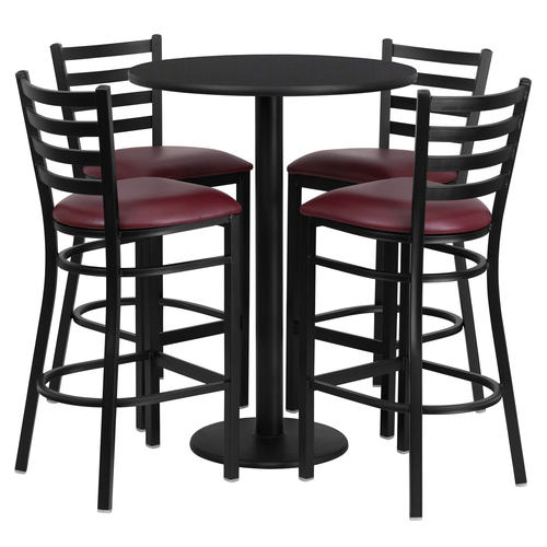 Flash Furniture RSRB1025-GG 30" Dia. x 42" H Black Laminate Finish Round Table Set with 4 Metal Ladder Back Metal ladder Back Bar Stools