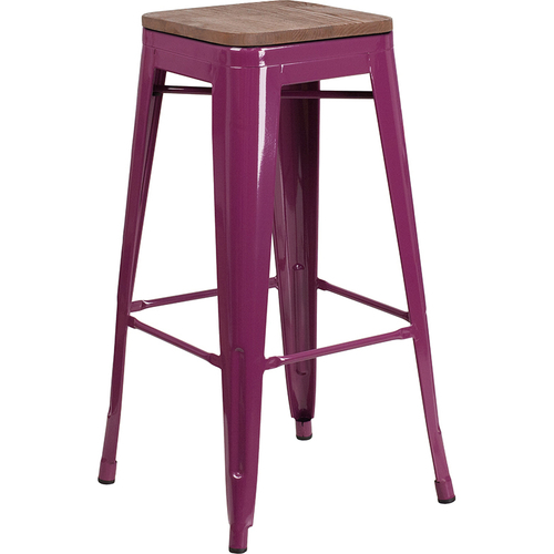 Flash Furniture ET-BT3503-30-PUR-WD-GG Purple Galvanized Steel with Textured Wood Seat Bar Stool