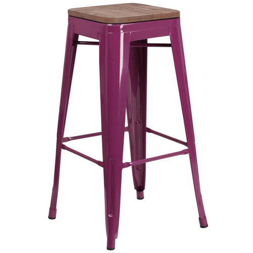 Flash Furniture ET-BT3503-30-PUR-WD-GG Purple Galvanized Steel with Textured Wood Seat Bar Stool