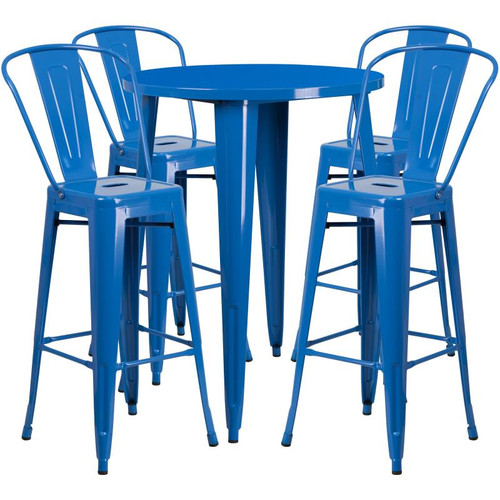 Flash Furniture CH-51090BH-4-30CAFE-BL-GG 30" Dia. x 41" H Blue Metal Round Bar Height Table and 4 Bar Stool Set
