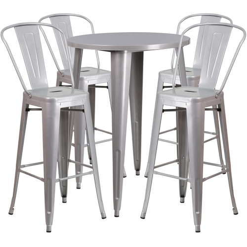 Flash Furniture CH-51090BH-4-30CAFE-SIL-GG 30" Dia. x 41" H Silver Metal Round Bar Height Table and 4 Bar Stool Set
