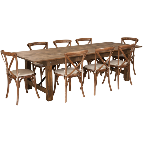 Flash Furniture XA-FARM-14-GG 108" W x 40" D x 30" H Rectangular Antique Rustic Folding Hercules Series Farm Table Set with 8 Chairs