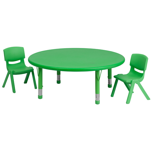 Flash Furniture YU-YCX-0053-2-ROUND-TBL-GREEN-R-GG 45" Dia. x 14 1/2" - 23 3/4" Adjustable Height Green Round Preschool Activity Table Set with 2 Chairs