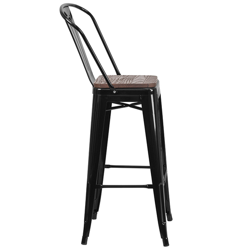 Flash Furniture CH-31320-30GB-BK-WD-GG Black Metal Curved Back With Vertical Slat Bistro Style Bar Stool