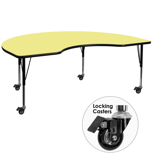 Flash Furniture XU-A4872-KIDNY-YEL-T-P-CAS-GG 72" W x 48" D x 17.4" - 25.4" Adjustable Height Kidney Shaped Yellow Activity Table