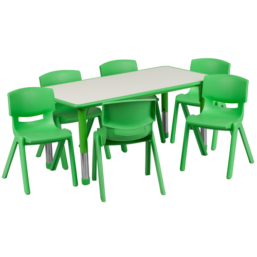 Flash Furniture YU-YCY-060-0036-RECT-TBL-GREEN-GG 47 1/4" W x 23 5/8" D x 14 1/2" - 23 3/4" Adjustable Height Green Plastic and Gray Laminate Rectangular Preschool Activity Table Set with 6 Chairs