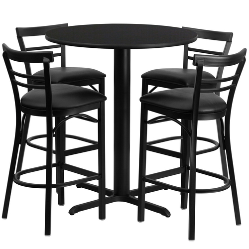 Flash Furniture HDBF1033-GG 24" Dia. x 42" H Black Laminate Finish Round Table Set with 4 Metal Ladder Back Bar Stools
