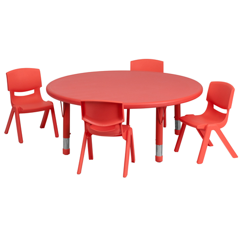 Flash Furniture YU-YCX-0053-2-ROUND-TBL-RED-E-GG 45" Dia. x 14 1/2" - 23 3/4" Adjustable Height Red Round Preschool Activity Table Set with 4 Chairs