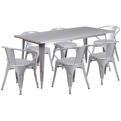 Flash Furniture ET-CT005-6-70-SIL-GG Silver Steel Rectangular Table Set with 6 Chairs