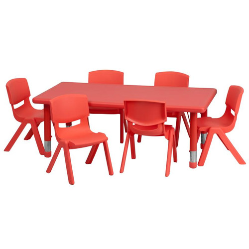 Flash Furniture YU-YCX-0013-2-RECT-TBL-RED-E-GG 48" W x 24" D x 14.5" - 23.75" Adjustable Height Red Rectangular Preschool Activity Table Set with 6 Chairs