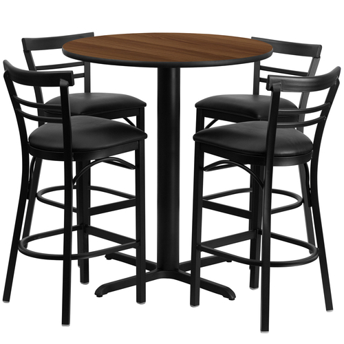 Flash Furniture HDBF1036-GG 24" Dia. x 42" H Walnut Laminate Finish Round Table Set with 4 Metal Ladder Back Bar Stools