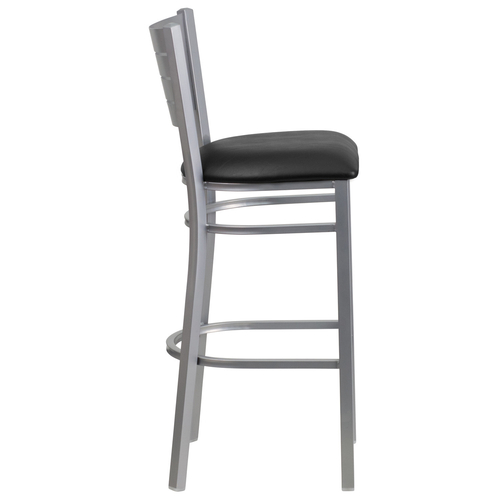 Flash Furniture XU-DG-60402-BAR-BLKV-GG Black Vinyl Steel With Slat Back Silver Powder Coated Frame Hercules Series Restaurant Bar Stool