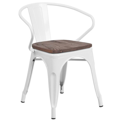 Flash Furniture CH-31270-WH-WD-GG White Metal Back with Arms Vertical Slat Wood Seat Bistro Style Stacking Armchair