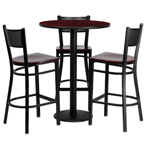 Flash Furniture MD-0017-GG 30" Dia. x 42" H Mahogany Laminate Finish Round Table Set with 3 Metal Back Bar Stools