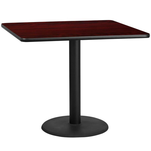 Flash Furniture XU-MAHTB-4242-TR24-GG 42”W x 42”D x 31-1/8”H Melamine Core With Mahogany Laminate Finish Cast Iron Column With Black Powder Coated Finish Square Dining Height Table