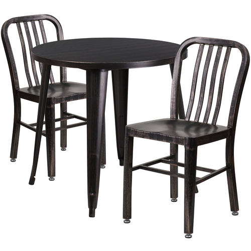 Flash Furniture CH-51090TH-2-18VRT-BQ-GG 30" Dia. x 29 1/2" H Black and Antique Gold Metal Round Table and 2 Chair Set