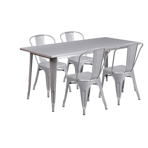 Flash Furniture ET-CT005-4-30-SIL-GG Silver Steel Rectangular Table Set with 4 Chairs