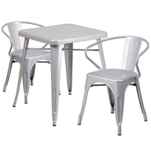 Flash Furniture CH-31330-2-70-SIL-GG 23 3/4" W x 23 3/4" D x 29" H Silver Galvanized Steel Square Table and 2 Chairs Set