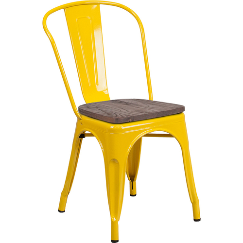 Flash Furniture CH-31230-YL-WD-GG Yellow Metal Curved Back with Vertical Slat Textured Wood Seat Stacking Side Chair