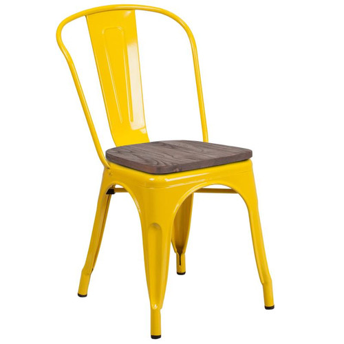 Flash Furniture CH-31230-YL-WD-GG Yellow Metal Curved Back with Vertical Slat Textured Wood Seat Stacking Side Chair