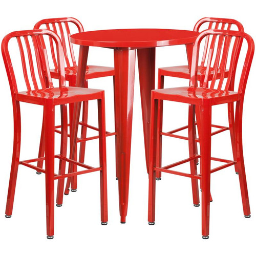 Flash Furniture CH-51090BH-4-30VRT-RED-GG 30" Dia. x 41" H Red Metal Round Bar Height Table and 4 Bar Stool Set