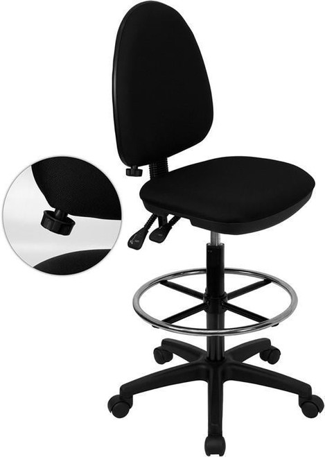 Flash Furniture WL-A654MG-BK-D-GG Black Fabric Mid Back with Adjustable Lumbar Support Swivel Drafting Stool