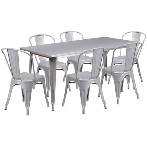 Flash Furniture ET-CT005-6-30-SIL-GG Silver Steel Rectangular Table Set with 6 Chairs