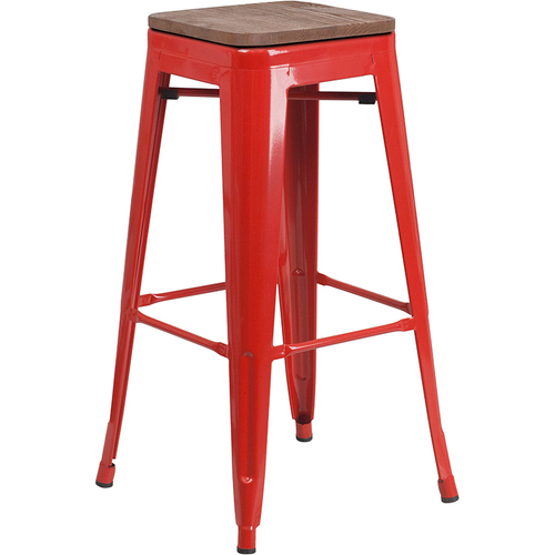 Flash Furniture CH-31320-30-RED-WD-GG Red Textured Wood Seat With Galvanized Steel Backless Bar Stool