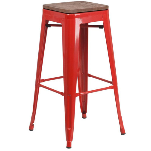 Flash Furniture CH-31320-30-RED-WD-GG Red Textured Wood Seat With Galvanized Steel Backless Bar Stool