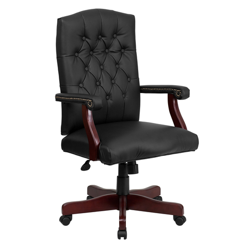 Flash Furniture 801L-LF0005-BK-LEA-GG Black Padded Arms Mahogany Wood Capped Metal Base Martha Washington Executive Swivel Office Chair