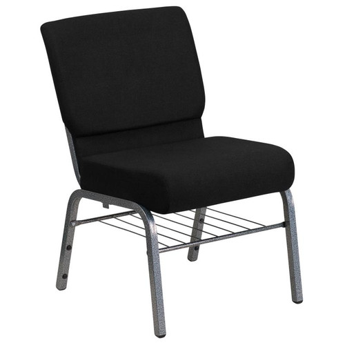 Flash Furniture XU-CH0221-BK-SV-BAS-GG Black 21" Width Steel Book Rack Silver Vein Frame Hercules Series Extra Wide Stacking Church Chair