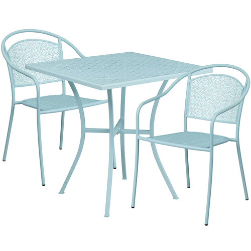 Flash Furniture CO-28SQ-03CHR2-SKY-GG 28" W x 28" D x 28 1/4" H Sky Blue Steel Square Rain Flower Design Top Patio Table Set with 2 Chairs