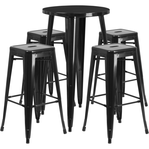 Flash Furniture CH-51080BH-4-30SQST-BK-GG 24" Dia. x 41" H Black Metal Round Bar Height Table and 4 Bar Stool Set