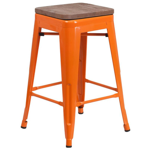 Flash Furniture CH-31320-24-OR-WD-GG Orange Textured Wood Seat With Galvanized Steel Counter Height Backless Bar Stool