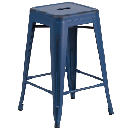 Flash Furniture ET-BT3503-24-AB-GG Antique Blue Galvanized Steel Drain Hole In Seat Counter Height Backless Bar Stool