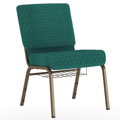 Flash Furniture FD-CH0221-4-GV-S0808-BAS-GG Hunter Green 21.25" Width Steel Book Rack with Communion Cup Holder Gold Vein Frame Hercules Series Extra Wide Stacking Church Chair