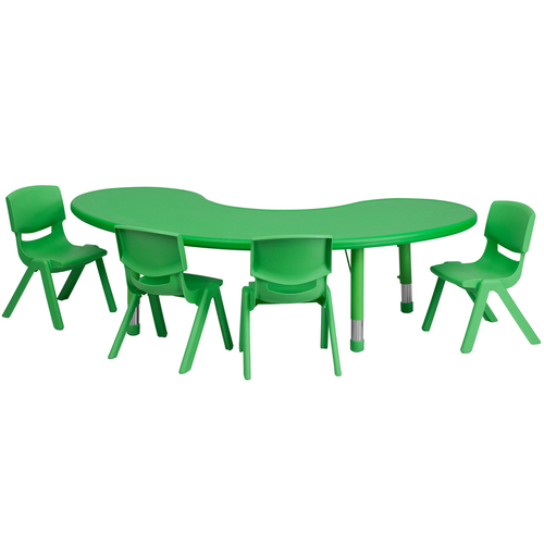 Flash Furniture YU-YCX-0043-2-MOON-TBL-GREEN-E-GG 35" W x 65" D x 14 1/2" - 23 3/4" Adjustable Height Green Half Moon Preschool Activity Table Set with 4 Chairs