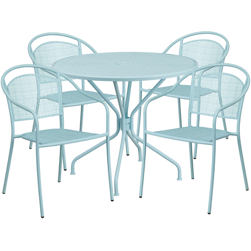 Flash Furniture CO-35RD-03CHR4-SKY-GG 28" H Sky Blue Steel Round Patio Table Set with 4 Chairs