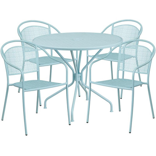 Flash Furniture CO-35RD-03CHR4-SKY-GG 28" H Sky Blue Steel Round Patio Table Set with 4 Chairs