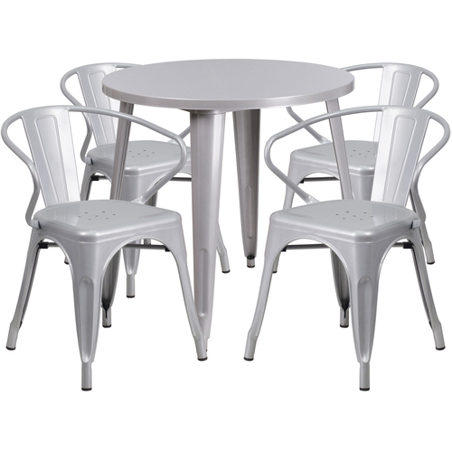 Flash Furniture CH-51090TH-4-18ARM-SIL-GG 30" Dia. x 29 1/2" H Silver Metal Round Table and 4 Chair Set