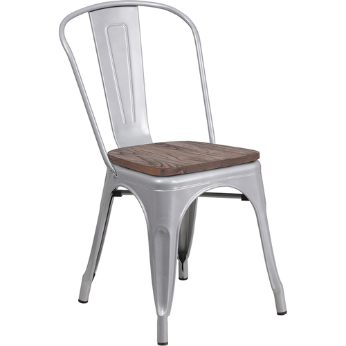 Flash Furniture CH-31230-SIL-WD-GG Silver Metal Curved Back with Vertical Slat Textured Wood Seat Stacking Side Chair