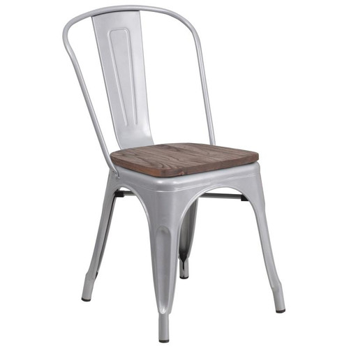 Flash Furniture CH-31230-SIL-WD-GG Silver Metal Curved Back with Vertical Slat Textured Wood Seat Stacking Side Chair