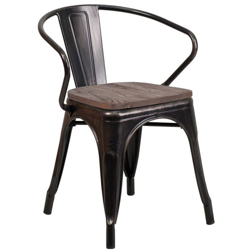 Flash Furniture CH-31270-BQ-WD-GG 21.5" W x 19" D x 27.75" H Black Antique Gold Bistro Stacking Armchair