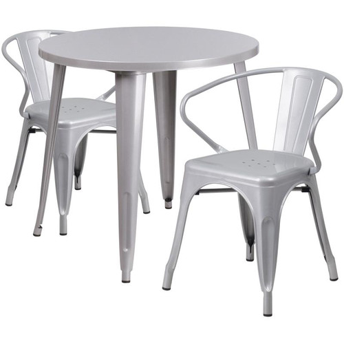 Flash Furniture CH-51090TH-2-18ARM-SIL-GG 30" Dia. x 29 1/2" H Silver Metal Round Table and 2 Chair Set