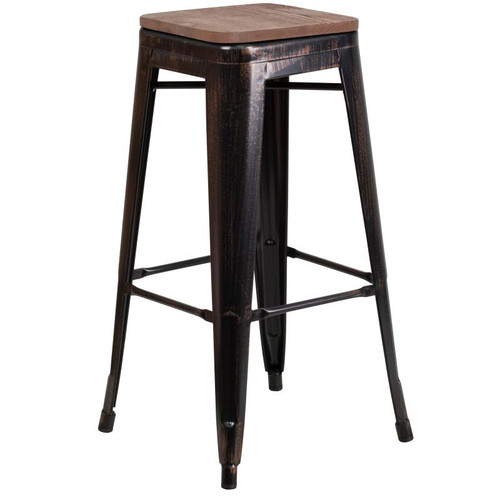 Flash Furniture CH-31320-30-BQ-WD-GG Black Antique Gold Textured Wood Seat With Galvanized Steel Backless Bar Stool