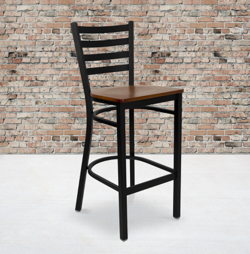 Flash Furniture XU-DG697BLAD-BAR-CHYW-GG Cherry Finish Seat With Ladder Back Steel Black Powder Coated Frame Hercules Series Restaurant Bar Stool