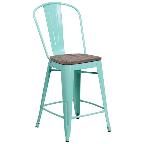 Flash Furniture ET-3534-24-MINT-WD-GG 40.25" H Mint Green Galvanized Steel Counter Height Curved Back With Vertical Slat Bar Stool