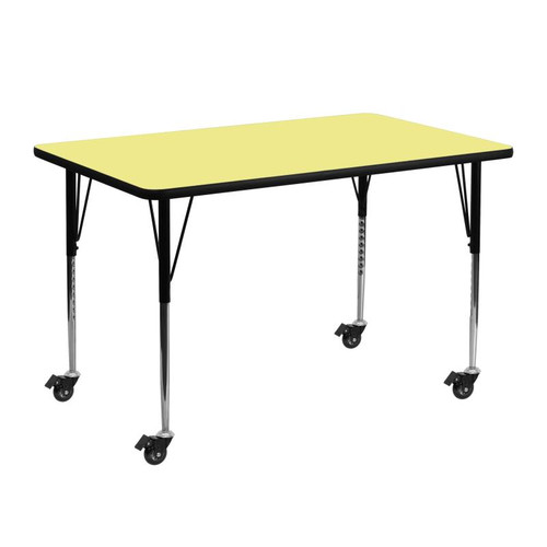 Flash Furniture XU-A2448-REC-YEL-T-A-CAS-GG 48"W x 24"D x 30-2/5" Adjustable Height Yellow Laminate Top Rectangular Activity Table