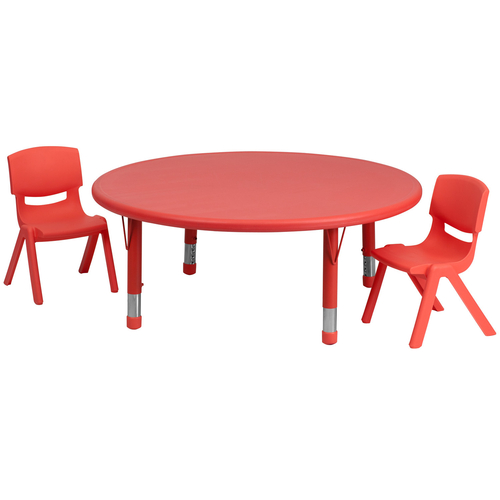 Flash Furniture YU-YCX-0053-2-ROUND-TBL-RED-R-GG 45" Dia. x 14 1/2" - 23 3/4" Adjustable Height Red Round Preschool Activity Table Set with 2 Chairs