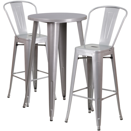 Flash Furniture CH-51080BH-2-30CAFE-SIL-GG 24" Dia. x 41" H Silver Metal Round Bar Height Table and 2 Bar Stool Set
